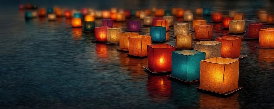 Floating Lanterns Glow During a Nighttime Water Festival, Creating a Beautiful and Colorful Display - Powered by Adobe