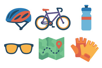 Essential items for an exciting cycling adventure outdoors. Set of 6 vector illustration