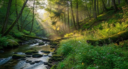 Sunlight streams through a vibrant forest, illuminating a clear stream and wildflowers, inviting viewers to experience nature's serene beauty and tranquility