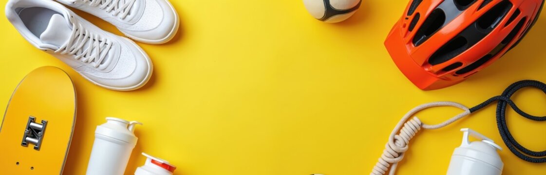 Collection of sports gear laid out flat on a bright yellow surface. Includes sneakers, skateboard, water bottles, soccer ball, jump rope, and helmet. Perfect for health and fitness content.