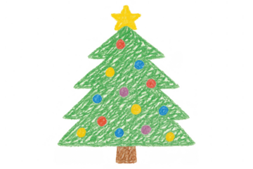 Christmas tree drawing by a child with colorful ornaments and a yellow star, celebrating festive holiday spirit