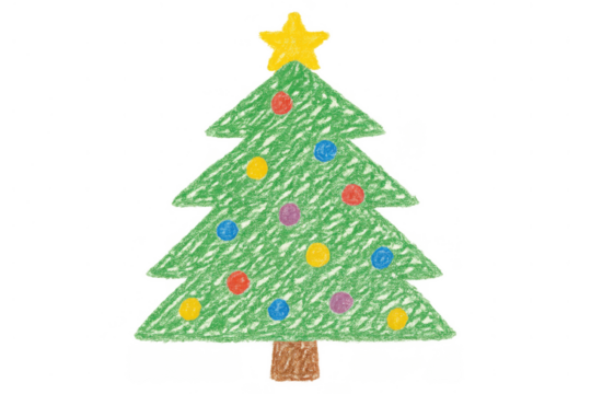 Christmas tree drawing by a child with colorful ornaments and a yellow star, celebrating festive holiday spirit