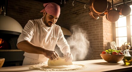 A chef kneading pizza dough in a traditional Italian kitchen