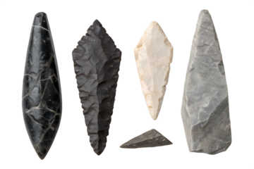 Collection of ancient stone tools; meticulously arranged prehistoric arrowheads and blades on a clean white background, highlighting historical craftsmanship
