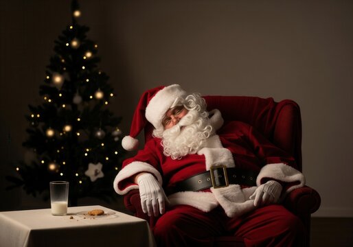 Sleepy Santa Slumped in a Cozy Chair With Cookies and Milk by the Christmas Tree