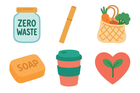 Eco friendly lifestyle essentials for zero waste living. Set of 6 vector illustration
