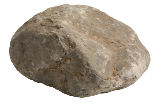 A rugged, weathered stone sits isolated on a stark white background, showcasing its natural texture and earthy tones in a professional, studio-lit photograph