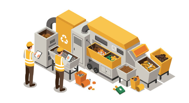 Isometric recycling facility with workers managing waste sorting process