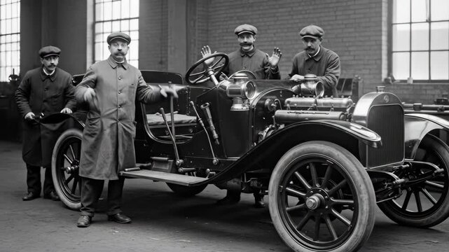 Vintage car inspection by engineers in historical workshop setting