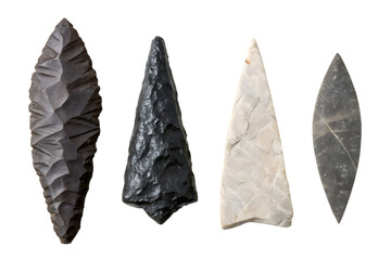Diverse collection of authentic prehistoric stone tools, meticulously crafted arrowheads and spear points, showcasing ancient human ingenuity and survival technology