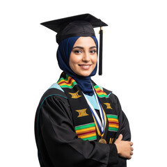 Smiling muslim woman in graduation cap and gown isolated on transparent background