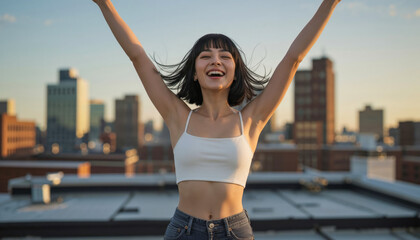 AI-generated image of a young model with short black bob, white crop-top and high-waist jeans, standing on a downtown rooftop