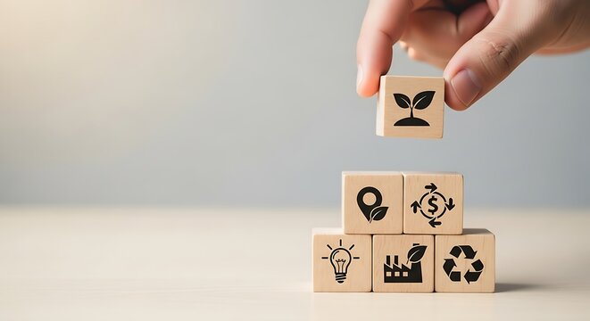 Hand stacking wooden blocks with eco friendly icons representing growth - Powered by Adobe