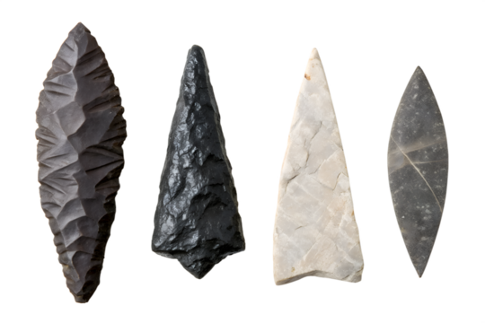 Diverse collection of authentic prehistoric stone tools, meticulously crafted arrowheads and spear points, showcasing ancient human ingenuity and survival technology