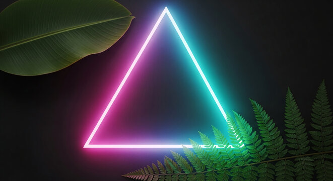 Image of a neon triangle with pink and cyan light. Lush green leaf and fern on dark backdrop, representing nature with modern technology, blank