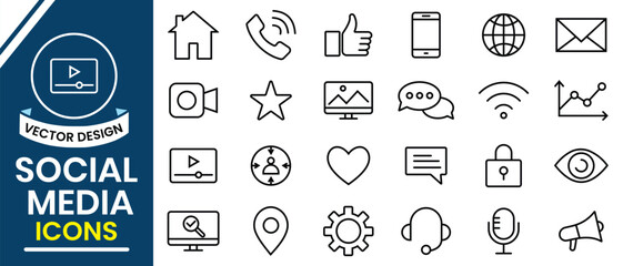 Social media icons. Outline icon of social media related such as like, phone, massage, chat, mobile, location, setting, microphone. Vector illustration.