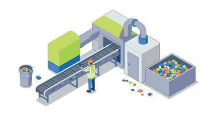 Isometric recycling facility with worker operating conveyor belt in waste management scene