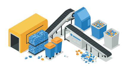 Isometric recycling plant with conveyor belts and waste bins for sustainable production