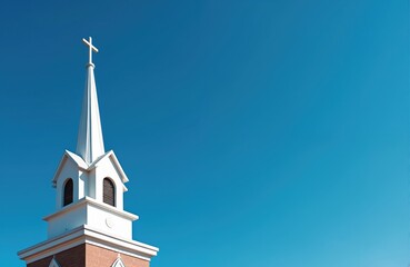 White church steeple with cross against clear blue sky. Brick building base below bell tower windows. Simple, modern religious architecture.