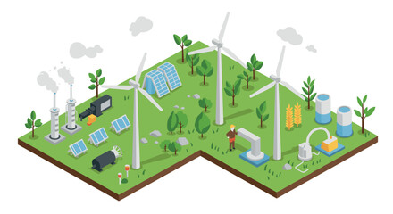 Naklejka premium Sustainable energy landscape with wind turbines and solar panels in isometric design