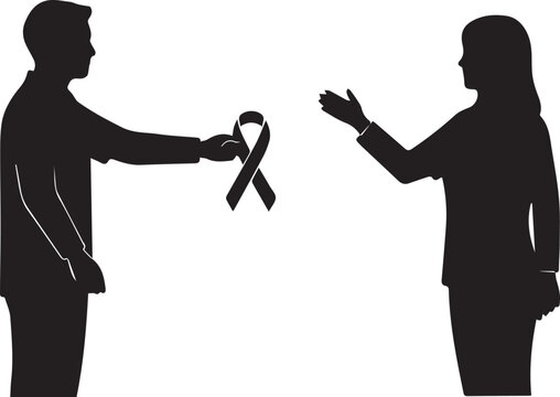 World aids day silhouette of man offering red ribbon to woman symbolizing support