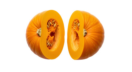 raw orange Ambercup squash cut in half PNG, displaying the rich color of the flesh and the seed cavity. Winter squash ready for roasting or baking isolated. Ambercup squash vegetable top view flat lay