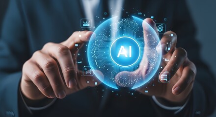 Businessman interacting with futuristic glowing ai brain hologram interface technology
