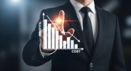 Businessman analyzing financial chart showing declining profits and rising costs with digital overlay