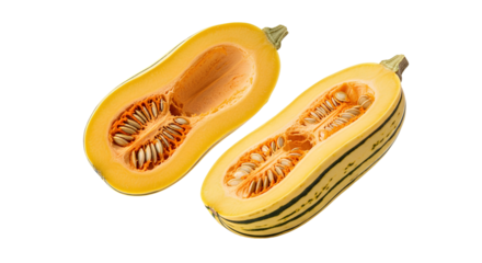 Two halves of a freshly cut Delicata squash floating on a transparent background. A dynamic shot of a raw, striped winter squash showing the interior seeds and flesh, perfect for food compositions