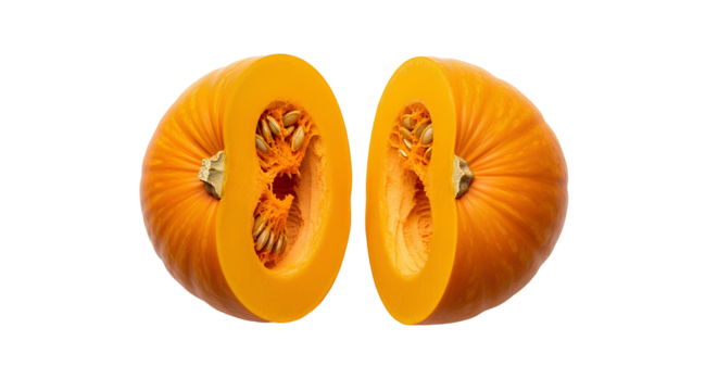raw orange Ambercup squash cut in half PNG, displaying the rich color of the flesh and the seed cavity. Winter squash ready for roasting or baking isolated. Ambercup squash vegetable top view flat lay