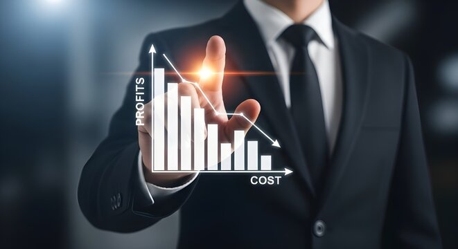 Businessman analyzing financial chart showing declining profits and rising costs with digital overlay