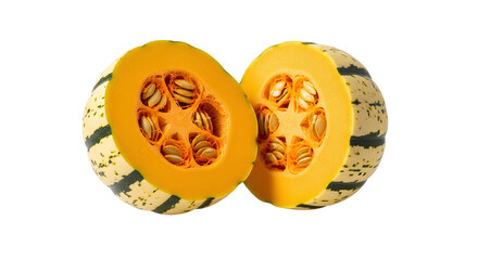 Sweet Dumpling squash cut in half PNG, revealing the bright orange yellow flesh and seed cavity. A raw, edible winter gourd ready for cooking or baking isolated. Healthy food ingredient PNG