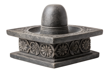 An intricately carved dark stone Shiva Lingam, a revered Hindu aniconic symbol representing Lord Shiva, professionally photographed on a crisp white studio background