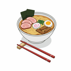 Isometric Style Detailed Ramen Noodle Bowl with Chopsticks Illustration