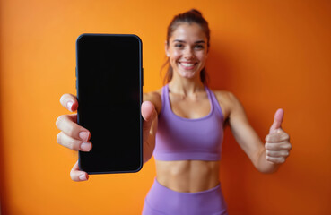 Young fit woman smiles, showing toned abs. Wears vibrant purple activewear, holds modern smartphone with blank screen, gives thumbs up. Fitness instructor promotes new health tech product, digital