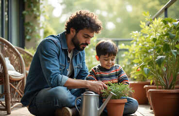 Father teaches son gardening skills on sunny balcony. Man, young kid water small pot plants together. Happy family enjoys green nature care outdoors. Child develops eco friendly habits with dad.