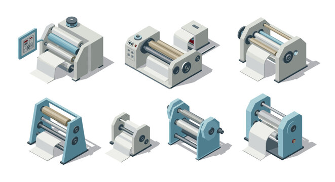 Isometric paper cutting machines collection modern industrial equipment set