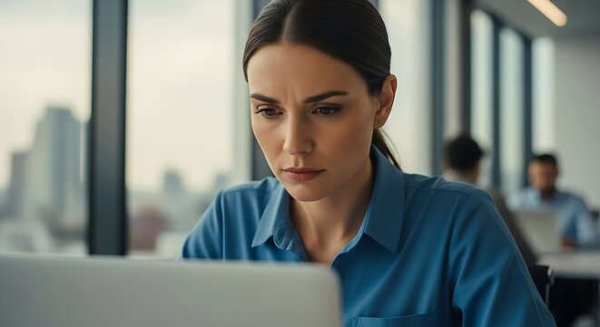 Focused businesswoman working on laptop computer in bright modern office