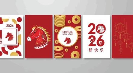 Vector illustration of chinese new year 2026 greeting cards featuring horse motif, lanterns, coins, and traditional red and gold color scheme