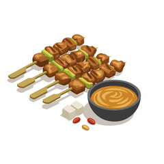 Isometric Delicious Chicken Satay Skewer with Peanut Sauce Traditional Culinary Art