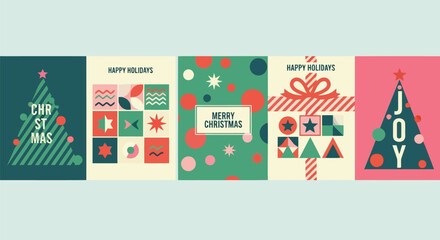 Vector illustration of collection of five festive christmas and happy holidays greeting cards with geometric patterns, trees, and gift boxes