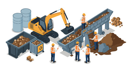 Construction site with machinery and workers in isometric style for recycling and earthworks themes