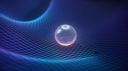 Abstract glowing oval shape suspended in a futuristic digital wave pattern with vibrant blue and purple light