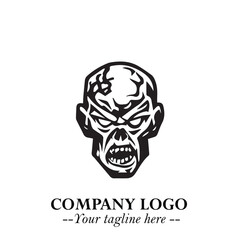 Head of Zombie Logo Symbol in Black on the White Background with Horror Minimal Vector Design