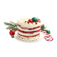 Delicious sponge cake with Christmas decor and red currants isolated on white