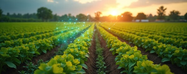 Rows of young green plants grow in fertile soil under a warm sunset. Digital network overlays hint at smart farming tech. Sustainable agriculture practices improve crop yield.
