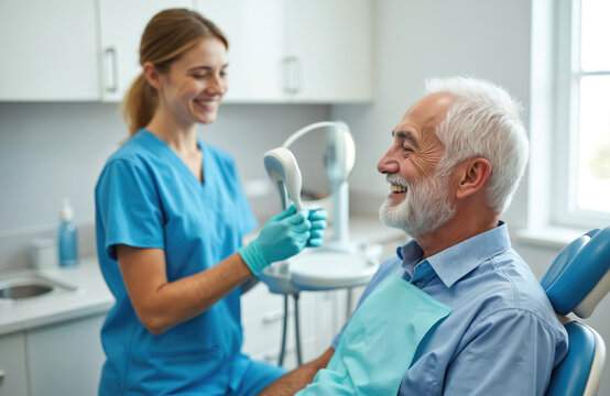 Senior man smiles looking in mirror at dentist office. Female doctor assists old patient with dental care. Happy healthy white teeth checkup after successful treatment. Modern oral hygiene medicine