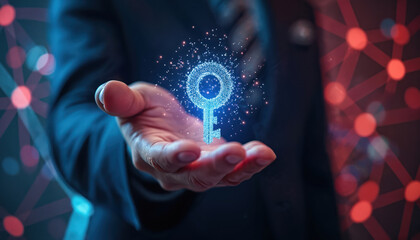 Man wears suit holds glowing digital key over network grid. Offers access to future tech, data security, innovation. Represents cyber access, new solutions, blockchain.