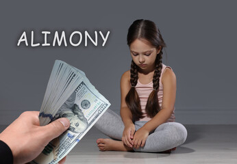 Man holding money near his sad daughter indoors. Alimony, money support for child after divorce