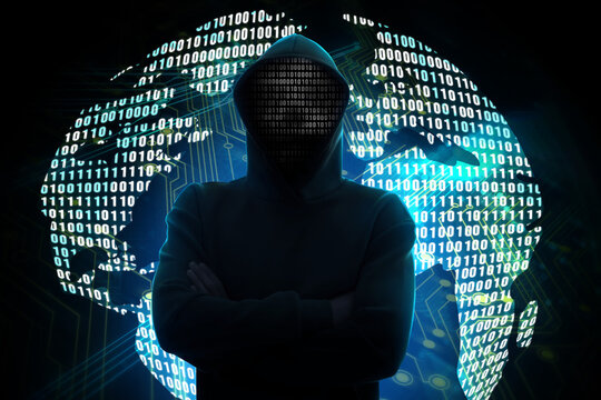 Cyber attack. Hacker with binary code instead of face. Globe and circuit board pattern behind him